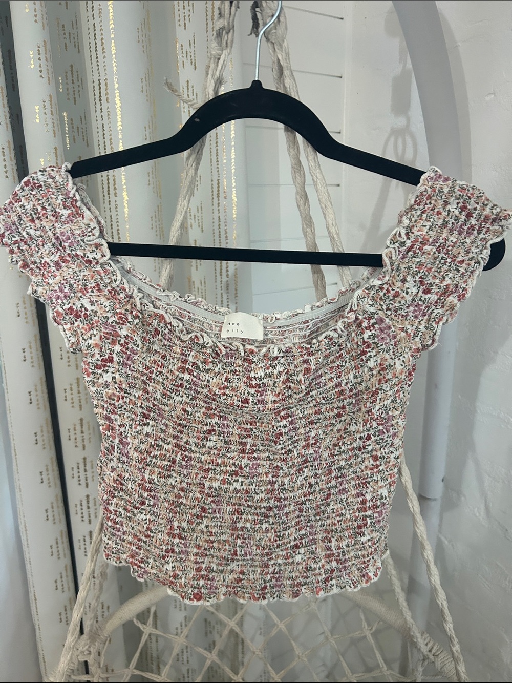 Dee Elly Smocked Floral Off Shoulder Cottagecore Crop Top Small